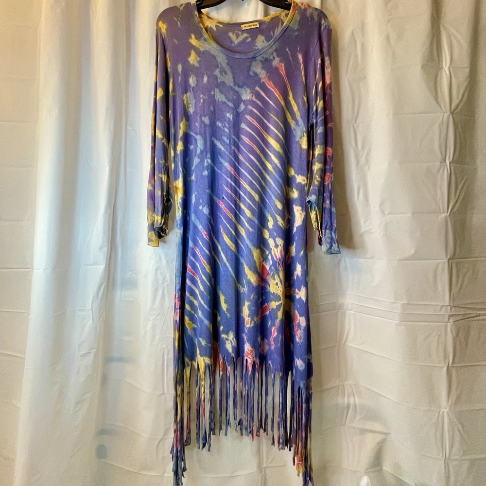 Windhorse Women Sz L Himalayan Art Wear Tie Dye Fringe Hem Tunic Dress Lagenlook